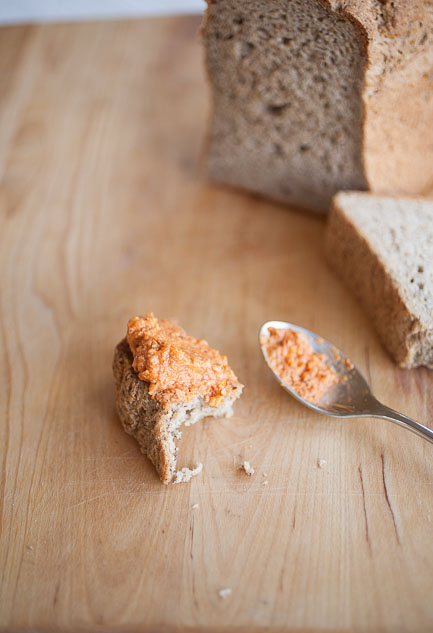 Bold farmers market romesco sauce is perfect for spreading over a good piece of bread..