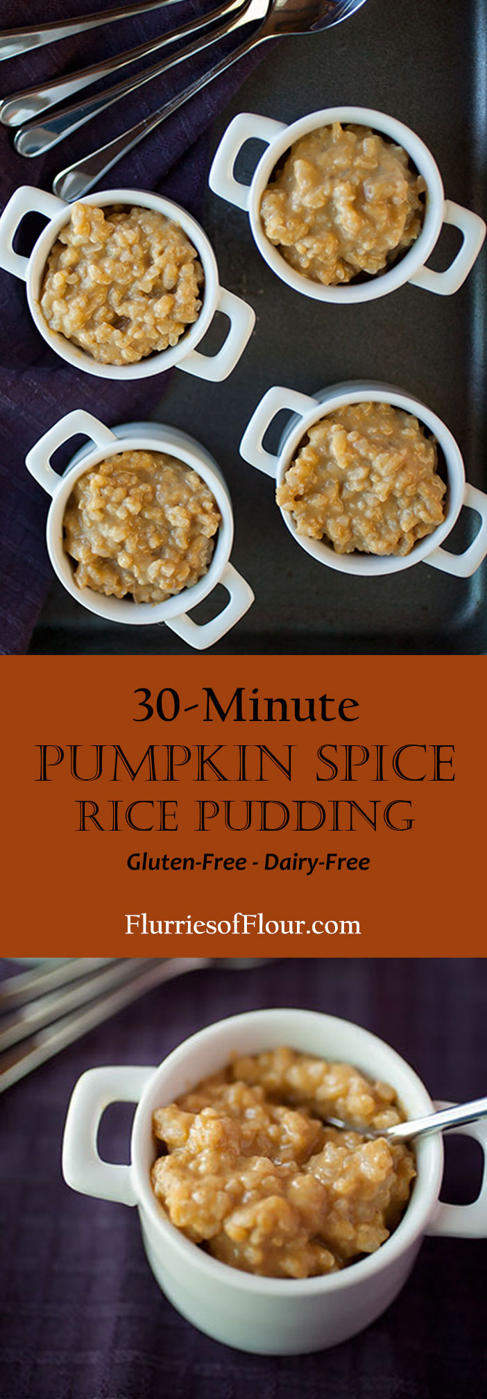Sweet, creamy, dreamy and full of pumpkin spice flavor, this pumpkin spice rice pudding is dairy-free, gluten-free, and also ready in thirty minutes! It's a quick, easy, and delicious fall dessert!