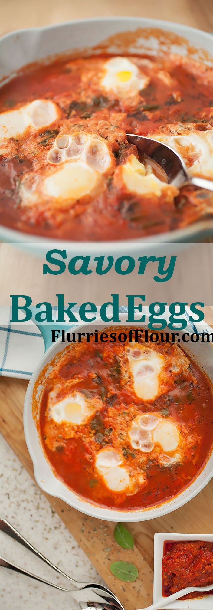 Silky, just-set eggs nestled in a savory tomato sauce with some wilted greens and Parmesan melted and just beginning to brown on top—these savory baked eggs are heaven! They’re also done in under 30 minutes for a quick, healthy breakfast, lunch, or dinner! 