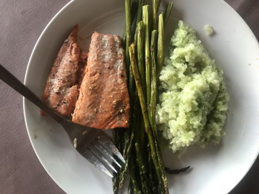 Menu inspiration from Flurries of Flour includes salmon with rice cauliflower and asparagus. 