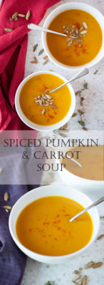 Looking for a simple recipe for a fall dinner? This silky smooth spiced pumpkin and carrot soup uses the best of fall’s produce to make a warm, filling, and healthy meal!
