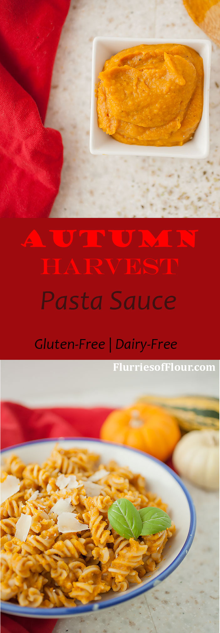 Simple, creamy, and delicious, this autumn harvest pasta sauce is gluten-free, dairy-free, and full of good-for-you pumpkin and squash with added creaminess from coconut milk! It also makes a beautiful base for further flavors and additions, and stores perfectly in the freezer!