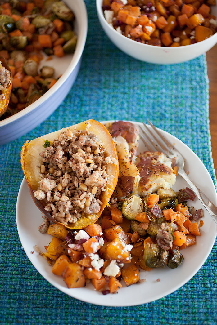Savory Brussels sprouts with crisped edges mixed with creamy sweet potatoes and crispy, flavorful bacon makes the perfect easy-to-make Thanksgiving side dish! 