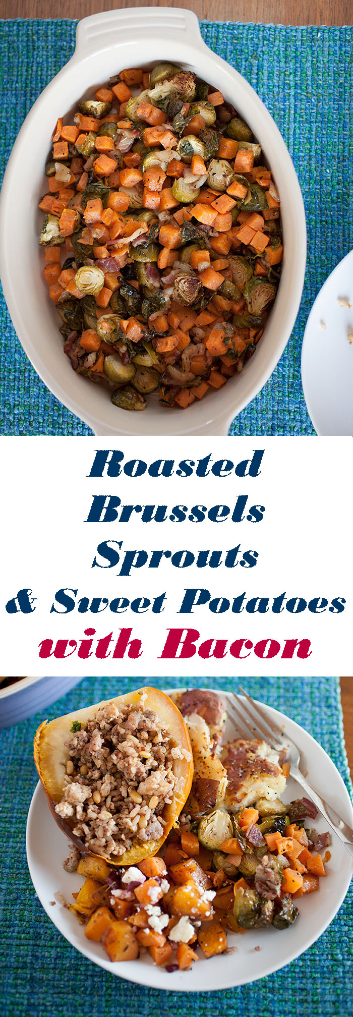 Savory Brussels sprouts with crisped edges mixed with creamy sweet potatoes and crispy, flavorful bacon makes the perfect easy-to-make Thanksgiving side dish! 