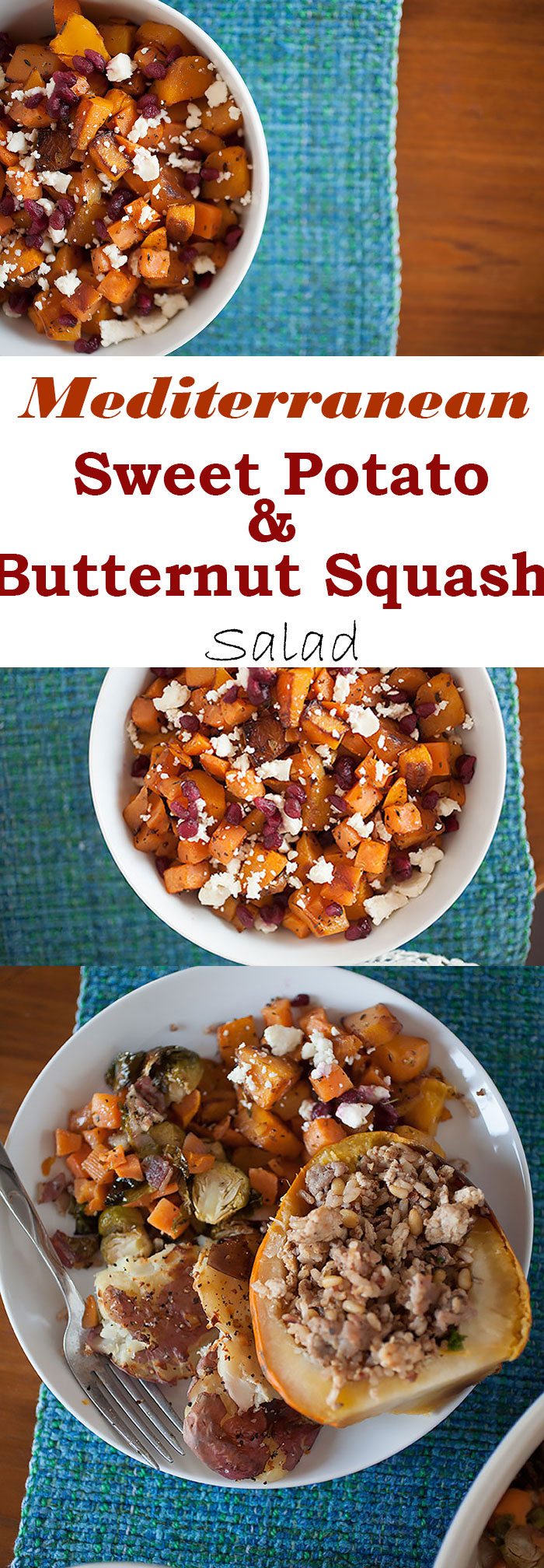 This easy Thanksgiving side dish has sweet from the butternut squash, sweet potatoes, and roasted onions, salty creaminess from the feta cheese, a delicious savory layer from the Greek herbs, and a sweet tang from the pomegranate seeds! And most of the work is done by the oven! 